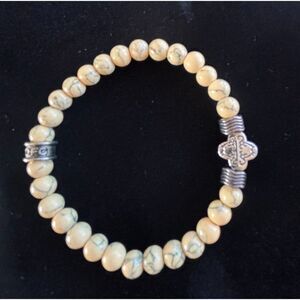 Chavez for Charity CFC Marble Bead Stretch Bracelet Cross Spacer Neutral Boho